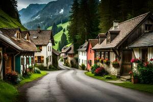 a narrow road in the mountains with houses. AI-Generated photo