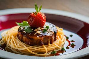 a plate with spaghetti and meat on it. AI-Generated photo