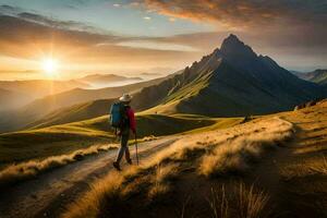 un hombre con mochila caminando en un montaña camino. generado por ai foto