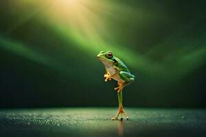 a frog standing on its legs in front of a green background. AI-Generated photo