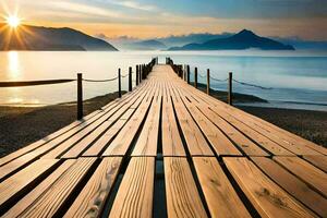 a wooden pier stretches out into the ocean at sunset. AI-Generated photo