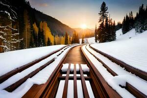 a train track in the snow with trees and sun. AI-Generated photo