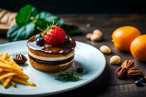 un plato con un pastel, Fruta y nueces. generado por ai foto