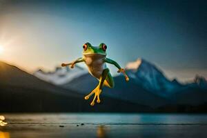 a frog jumping out of the water with mountains in the background. AI-Generated photo