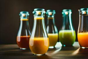 a group of bottles with different colored juices. AI-Generated photo