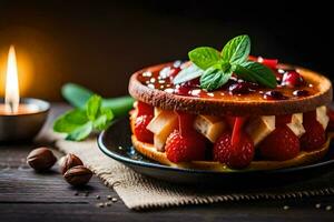 a cake with strawberries and mint leaves on a plate. AI-Generated photo