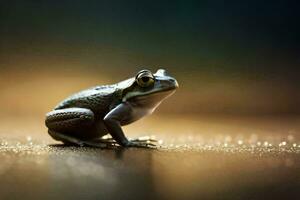 a frog sitting on a wet surface with water droplets. AI-Generated photo