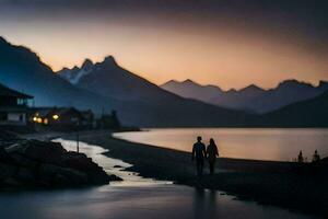 a couple walks along the shore of a lake at sunset. AI-Generated photo