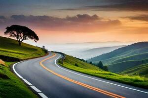 a scenic road in the mountains with a tree. AI-Generated photo