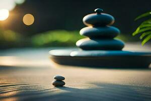 a small stone is sitting on top of a rock. AI-Generated photo