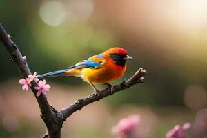 a colorful bird sits on a branch with pink flowers. AI-Generated photo