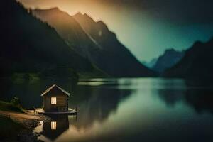 un pequeño casa se sienta en el borde de un lago. generado por ai foto