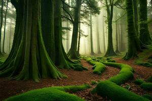 un bosque con cubierto de musgo arboles y verde musgo. generado por ai foto