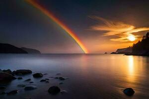 a rainbow is seen over the ocean in this photo. AI-Generated photo