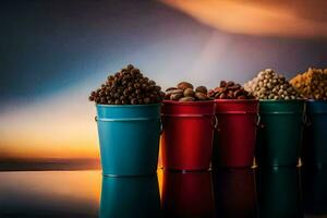 five buckets of different types of nuts and seeds. AI-Generated photo