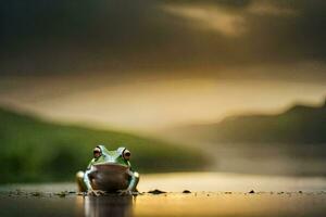 a frog sitting on the ground in front of a lake. AI-Generated photo