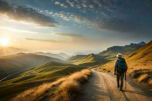 a man walks on a dirt road in the mountains. AI-Generated photo