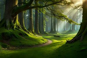 a path through a forest with trees and grass. AI-Generated photo