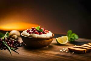 pomegranate and pomegranate seeds in a bowl. AI-Generated photo