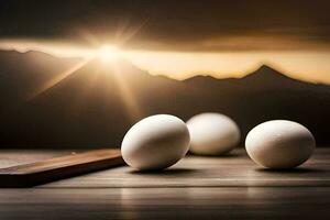 three eggs on a table with a mountain in the background. AI-Generated photo