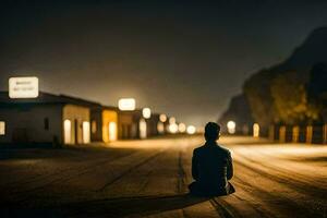 a man sits alone in the middle of a road at night. AI-Generated photo