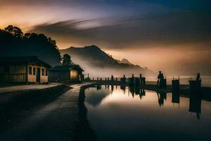 a lake in the mountains with a house and a boat. AI-Generated photo