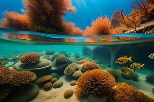 an underwater view of coral reefs and fish. AI-Generated photo