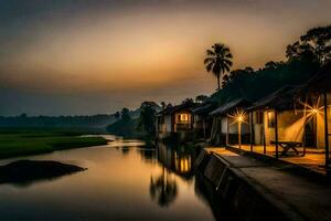 a river at sunset with houses and palm trees. AI-Generated photo