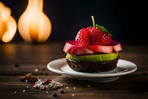 un postre con fresas y un chocolate pastel. generado por ai foto