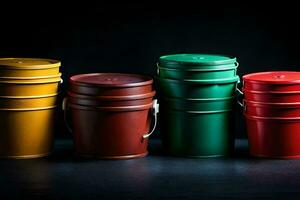 a row of colorful buckets on a black background. AI-Generated photo