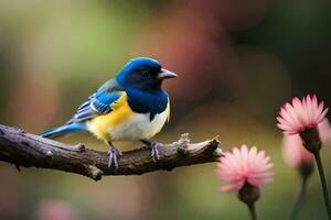 un azul y amarillo pájaro se sienta en un rama. generado por ai foto