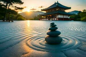 a japanese pagoda in the background with a stack of stones. AI-Generated photo