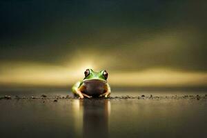 a frog sitting on the ground with a bright light. AI-Generated photo