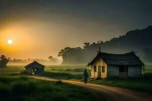 a man walks down a dirt road in front of a hut. AI-Generated photo