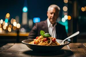 a man in a suit sits at a table with a bowl of pasta. AI-Generated photo