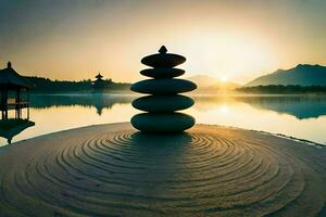 a stack of stones in the middle of a lake. AI-Generated photo