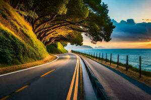 a scenic road with trees and ocean at sunset. AI-Generated photo