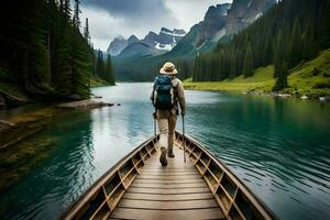 a man with a backpack is walking on a wooden boat across a lake. AI-Generated photo