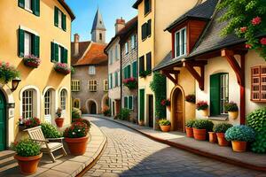 a painting of a street in a european town. AI-Generated photo