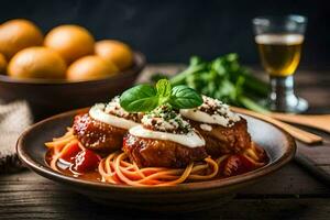 spaghetti with meatballs and tomatoes in a bowl. AI-Generated photo
