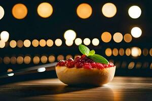 a bowl of red berries sits on a table in front of a lighted background. AI-Generated photo