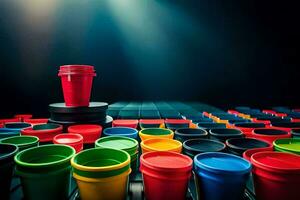 colorful cups on a table with a red cup in the center. AI-Generated photo