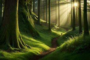 a path through a forest with trees and sunbeams. AI-Generated photo