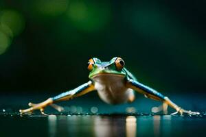 a frog is standing on the ground with its legs spread. AI-Generated photo