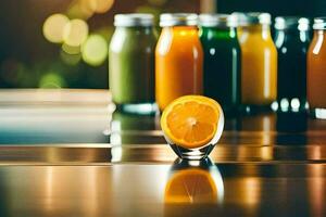 a glass of juice sits next to a bottle of juice. AI-Generated photo