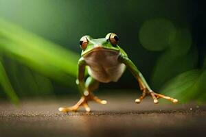 a frog is standing on its hind legs. AI-Generated photo