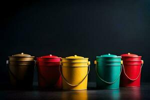 five colorful buckets on a dark background. AI-Generated photo