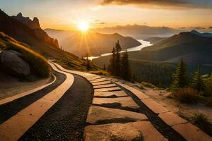 the sun rises over a mountain with a path leading to it. AI-Generated photo