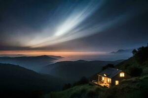 a small house sits on top of a mountain at dusk. AI-Generated photo