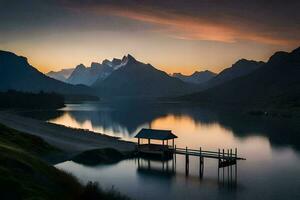 a lake and dock at sunset with mountains in the background. AI-Generated photo